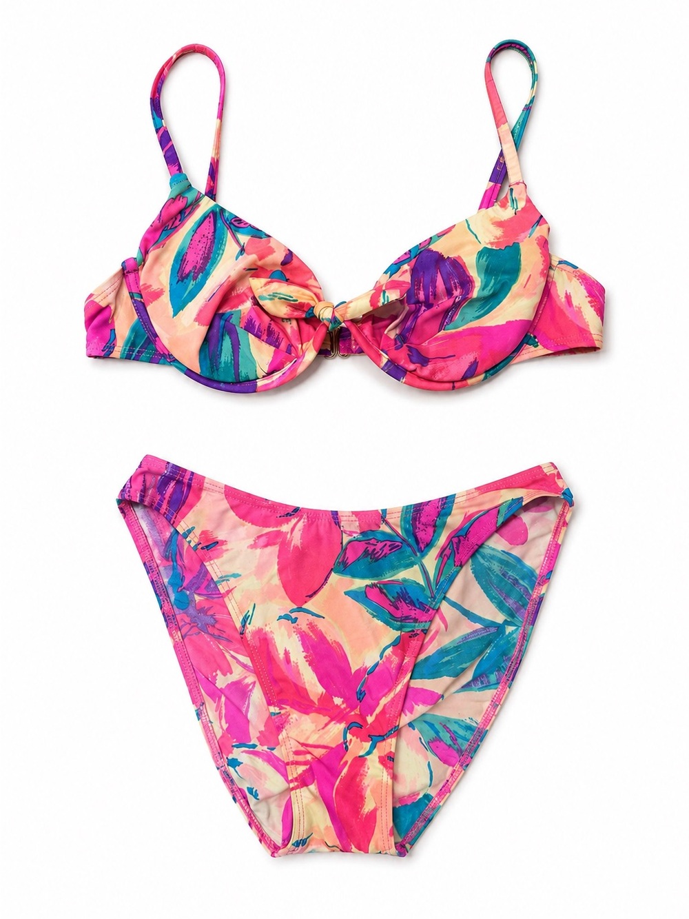 Vintage 90s Carabella Neon Tropical Floral Underwire Bikini Set high leg